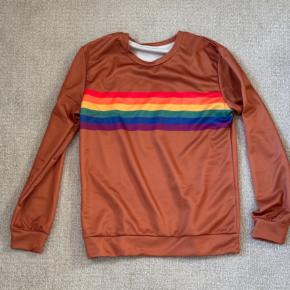 Brown Long Sleeve Shirt with Rainbow Stripe